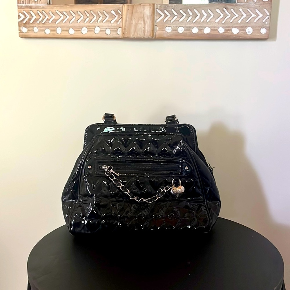 Like New - Lulu Guinness Black Quilted Heart Patterned Patent Leather Bag